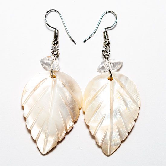 Brinco Madrepérola Folha 35mm Pedra Natural Anzol Prateado
