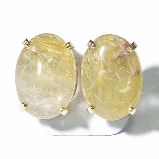 Brinco Cabochão Topinho Pedra Cristal Com Rutilo Dourado