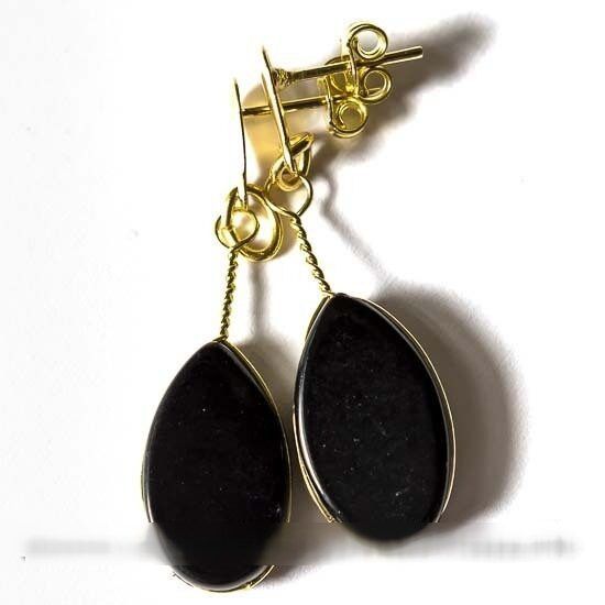 Brinco Gota Obsidiana Negra 40mm Ranhurado Banho Dourado