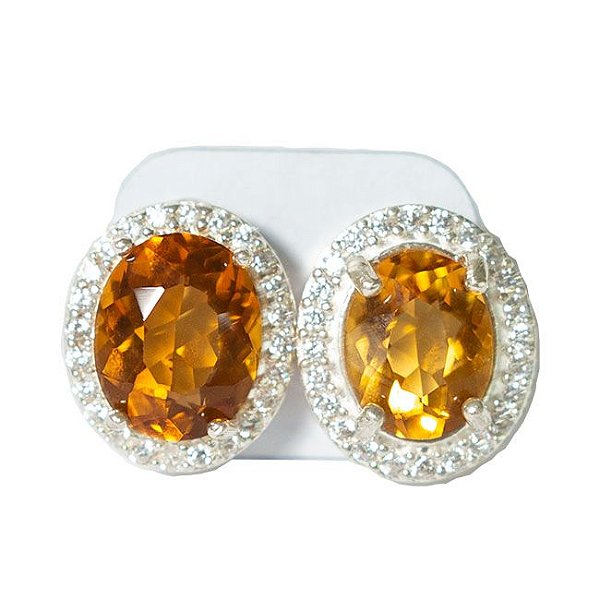 Brinco Gema Citrino Facetada Pedra Prata 950 com Zirconia