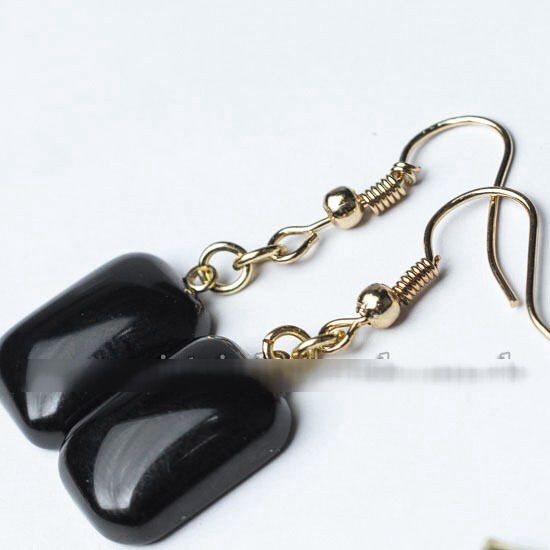 Brinco Retangular Pedra Obsidiana Negra Anzol Dourado