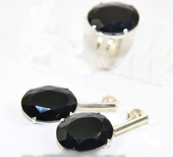 Conjunto Anel e Brinco Obsidiana Negra na Garra Prata 950