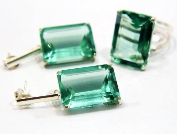 Conjunto Anel e Brinco Retângulo Facetado Obsidiana Verde Prata 950