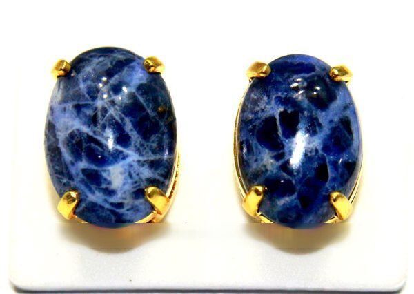 Brinco Topinho Cabochão Oval Sodalita Azul Natural Dourado