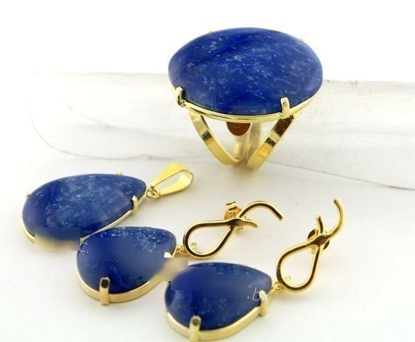 Conjunto Anel Brinco e Pingente Quartzo Azul Natural Dourado - Sojóias Nlux  Natural e Luxo com Pedras Autenticas
