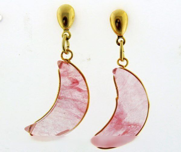 Brinco Meia Lua Pedra Cherry Rosa Ranhurado Dourado