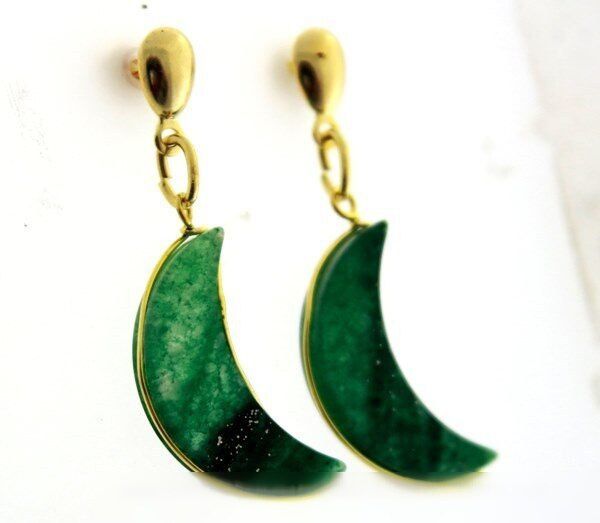 Brinco Meia Lua Pedra Quartzo Verde Ranhurado Dourado