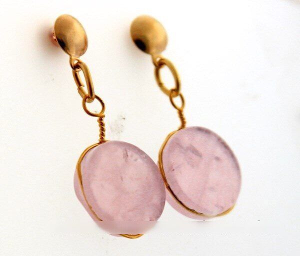 Brinco Disco Pedra Quartzo Rosa Natural Tarracha Dourado