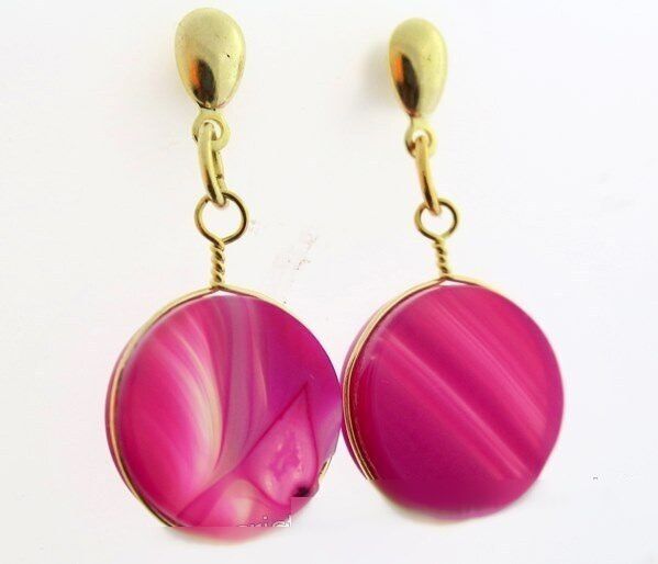 Brinco Disco Pedra Ágata Rosa Tarraxa Dourado