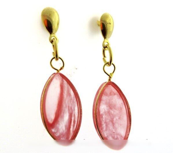 Brinco Navete Pedra Cherry Rosa Acabamento Folha Dourado
