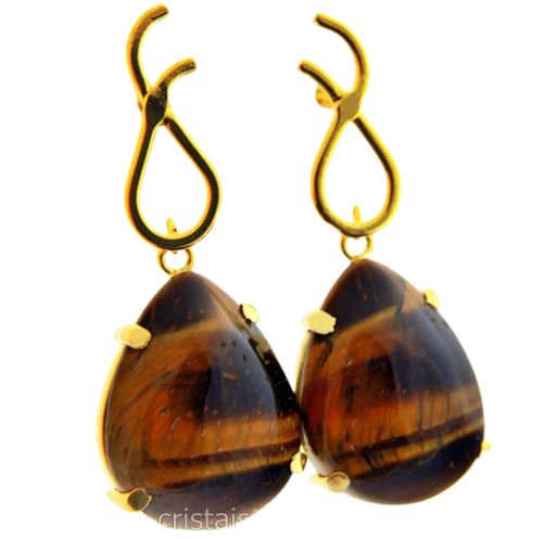 Brinco Gota Calibrada Pedra Olho de Tigre Garra Dourado