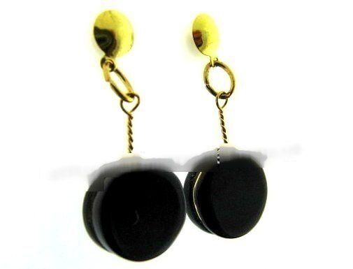 Brinco Disco Pedra Ônix Preto Pino Tarraxa Dourado