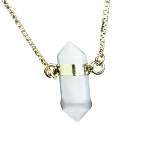 Colar Pedra Quartzo Leitoso Micro Bi Ponta Natural Dourado