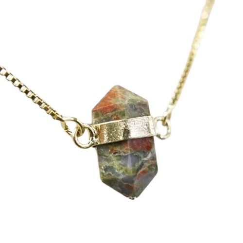 Colar Pedra Unakita Micro Bi Ponta Natural Envolto Dourado