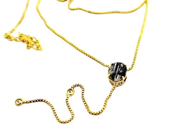 Colar Gravata Pedra Turmalina Incrustada Gema Dourado