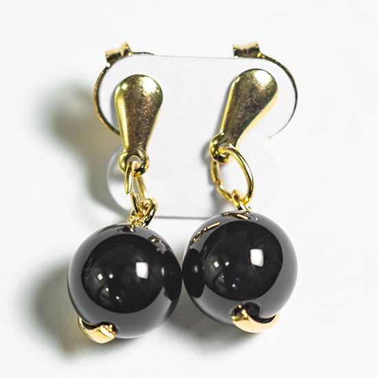Brinco Bolinha Pedra Obsidiana Negra Meia Lua Pino Dourado