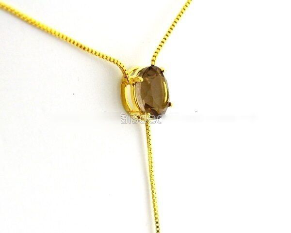 Colar Gravata Pedra Fumê Gema Natural Dourado