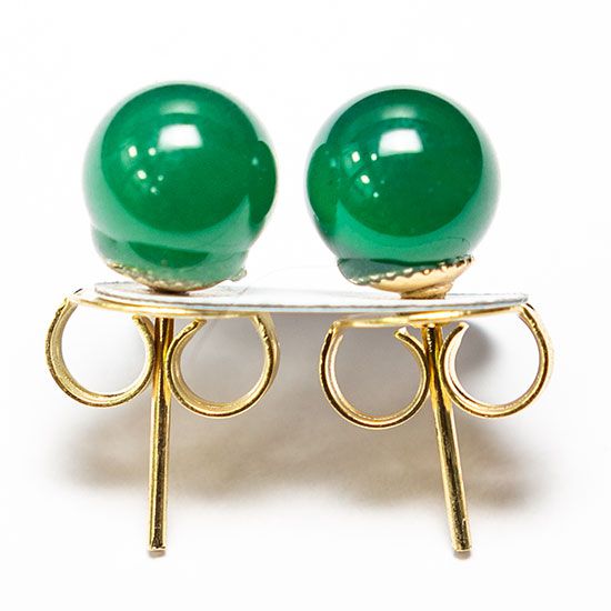 Brinco Bolinha Pedra Agata Verde Tarraxa Banho Dourado