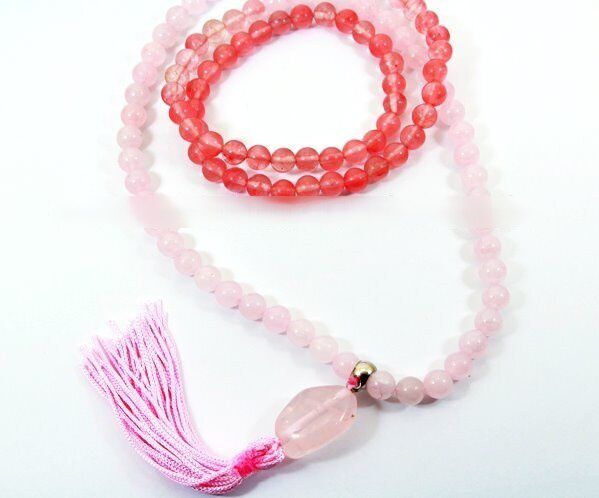 Terço Japamala Pedra Quartzo Rosa e Cherry Bolinhas
