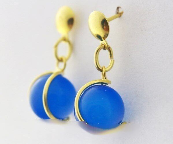 Brinco Bolinha Cesta Pedra Agata Azul Pino Banho Dourado