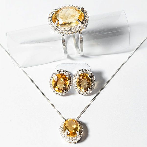 Luxuoso Conjunto Gema Citrino Natural Prata 925 E Zirconia