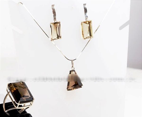Luxuoso Conjunto Gemas Fumê Exportação Prata 950