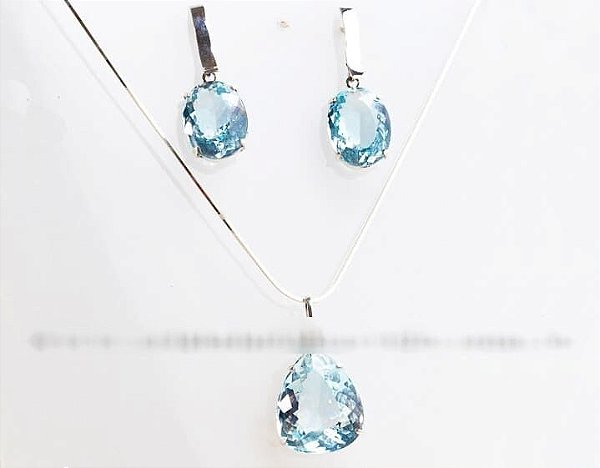 Luxuoso Conjunto Gemas Topazio Azul Natural Prata 950