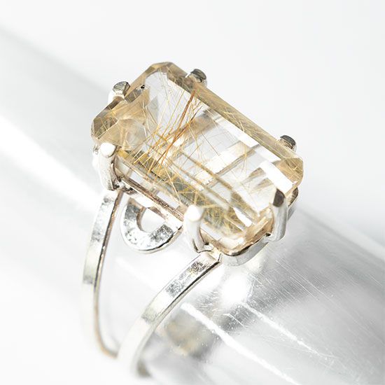Anel Rutilo Dourado Pedra Natural Prata 950 Aro Ajustável