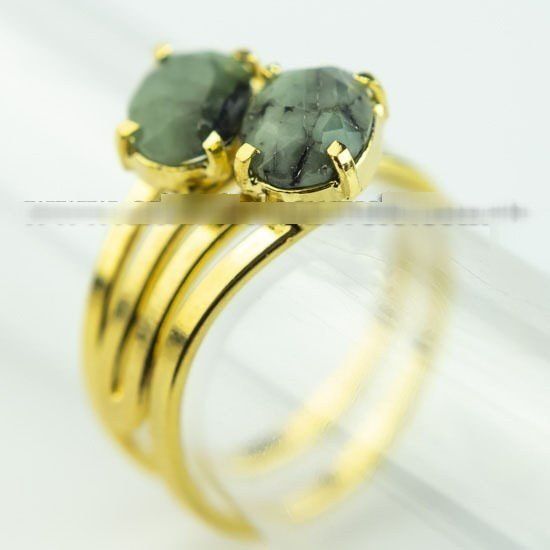 Anel 2 Pedra Esmeralda Gema Facetado Dourado Aro Ajustável