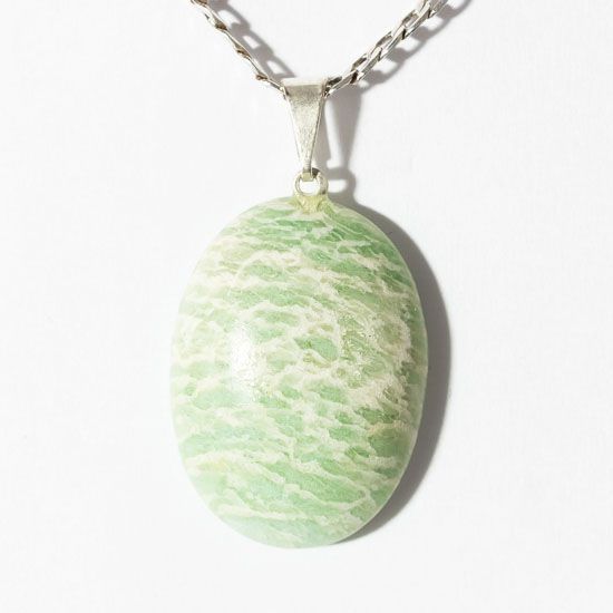 Colar Amazonita Cabochão Pedra Natural Pino Prateado