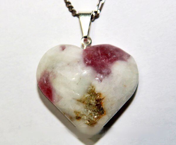 Colar Coração Turmalina Rosa Natural Pino Presilha Prateado