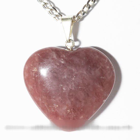 Colar Coração Pedra Quartzo Morango Natural Prateado