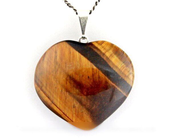 Colar Coração Olho De Tigre Pedra Natural Banho Prateado