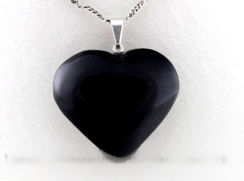 Colar Coração Ônix Preto Pedra Natural  Banhado Prata