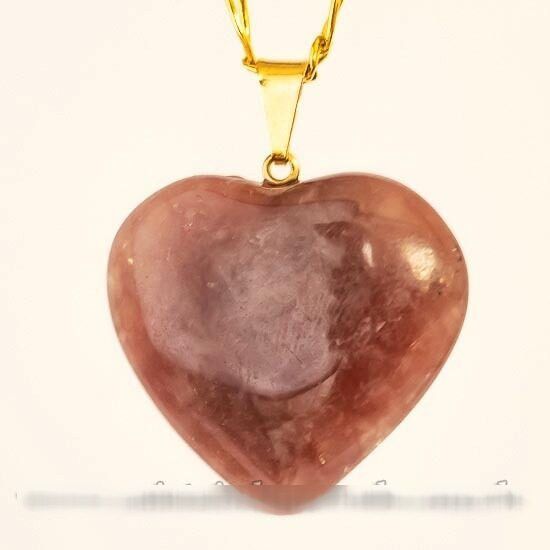 Colar Coração Pedra Quartzo Morango Natural Montagem Dourado