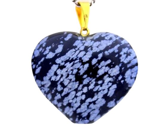Colar Coração Obsidiana Flocos de Neve Pino Dourado