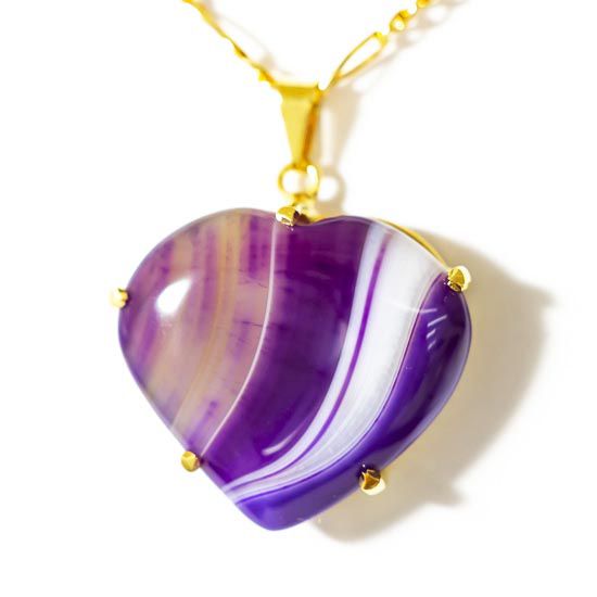 Colar Coração Agata Lilas Pedra Natural Extra Garra Dourado