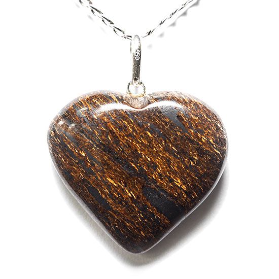 Colar Coração Pedra Bronzita Natural Pino Prata 950