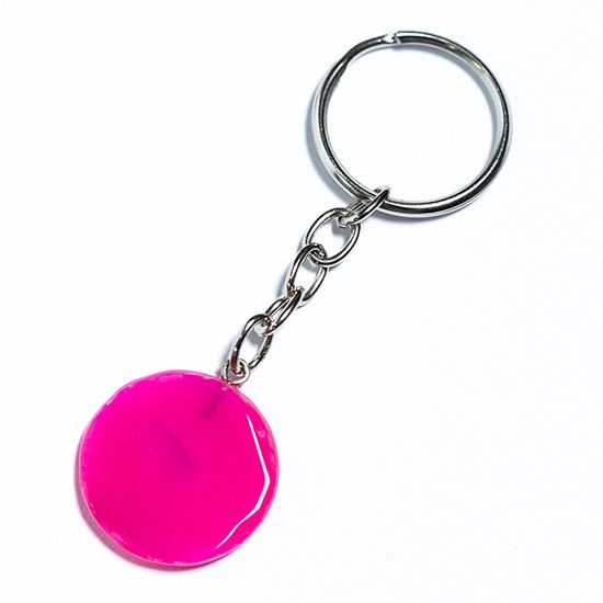 Chaveiro Disco Agata Rosa 24mm Pedra Natural Prateado