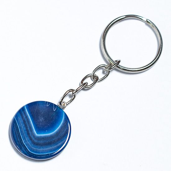Chaveiro Disco Agata Azul 24mm Pedra Natural Prateado