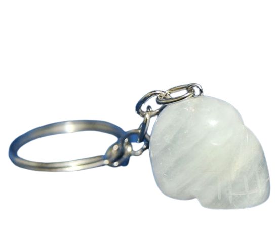 Chaveiro Crânio Quartzo Leitoso Natural Pino Prateado