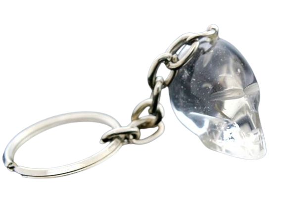 Chaveiro Cranio Cristal Caverinha Natural Garimpo Prateado