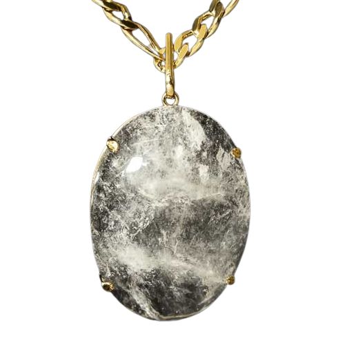 Colar Gigante Cabochão Oval Cristal Natural na Garra Dourado