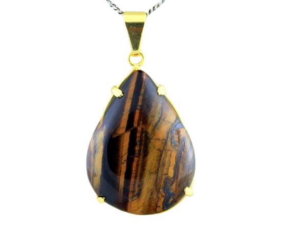 Colar Extra Gota Pedra Olho de Tigre Montagem Garra Dourado
