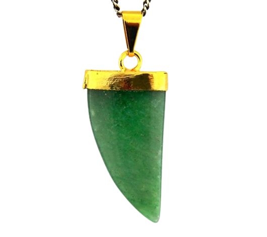 Colar Dente de Dragão Pedra Quartzo Verde Natural Dourado