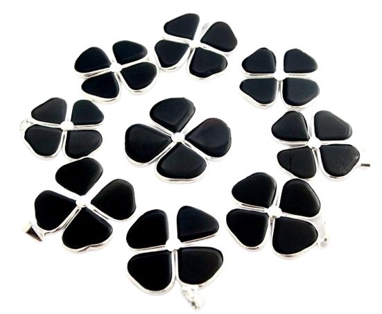 Colar Trevo 4 Folhas Pedra Obsidiana Negra Natural Prateado