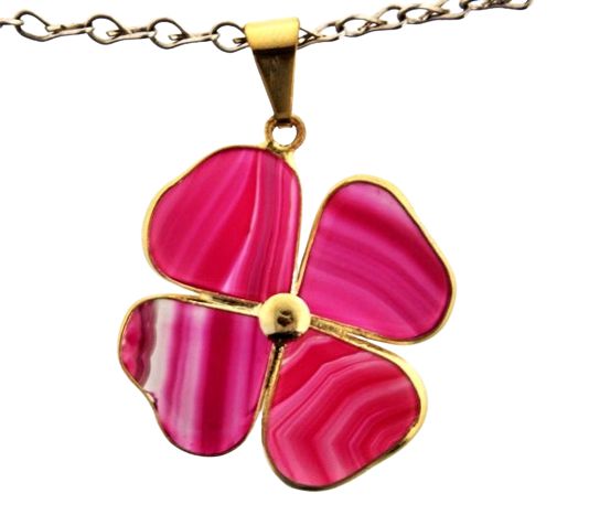 Colar Trevo da Sorte Agata Rosa Pedra Natural Dourado