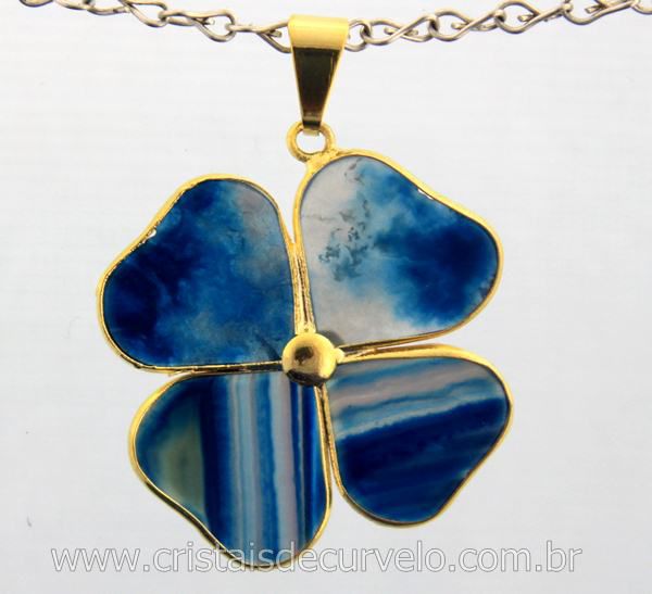 Colar Trevo 4 Folhas Da Sorte Ágata Azul 4 Dourado