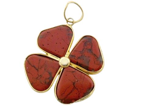 Colar Trevo Jaspe Vermelho Pedra Natural Banho Dourado