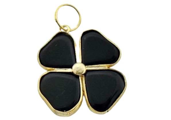 Colar Trevo Da Sorte Onix Preto Pedra Natural Dourado